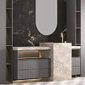 Modern Bathroom Washbasin With Black Marble Wall Oval Mirror And Beige Countertop