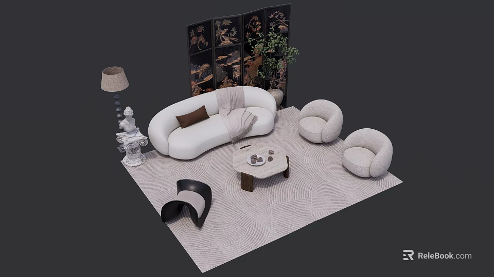 Modern White Sofa and Coffee Table Set with Accent Chairs Rug and Floor Lamp 3d model 