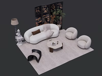 Modern White Sofa and Coffee Table Set with Accent Chairs Rug and Floor Lamp 3d model