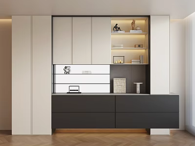 Modern White and Black Dining Sideboard with Open Shelves and Decorative Ornaments 3d model