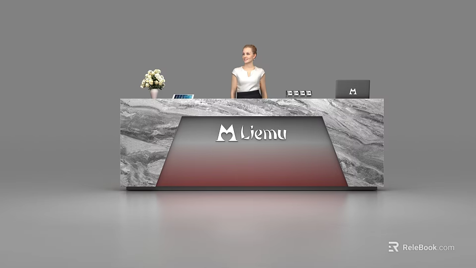Elegant Reception Desk With Marble Texture Woman Standing Behind Flower Vase Laptop And Liemu Logo 3d model 