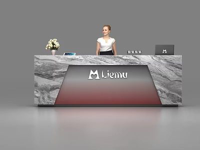 Elegant Reception Desk With Marble Texture Woman Standing Behind Flower Vase Laptop And Liemu Logo 3d model
