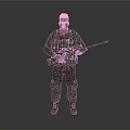 Man in Camouflage Uniform Holding Rifle Standing Against Gray Background