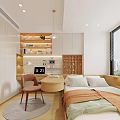 Modern Tatami Bedroom With Desk Chair Storage Shelves Decorative Wall And City View Window