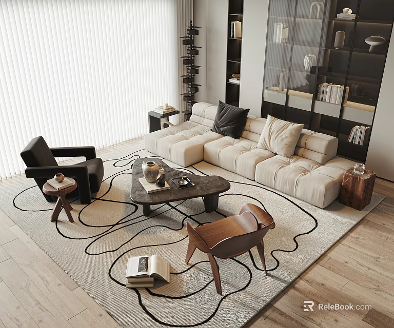 Modern Living Room Interior Design With Beige Sofa Black Armchair Coffee Table And Rug 3d model 