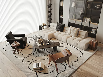 Modern Living Room Interior Design With Beige Sofa Black Armchair Coffee Table And Rug 3d model
