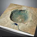 Detailed Crater Terrain Image With Blue Green Center Brown Surroundings And Blue Structure