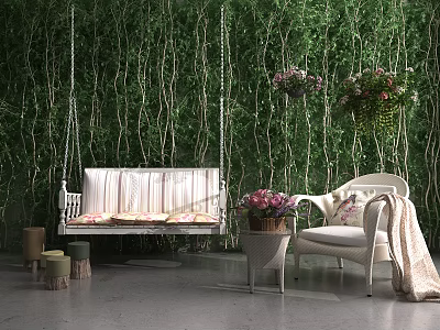 Comfortable Hanging Swing Chair with Green Bamboo Wall Potted Flowers and Armchair Stools 3d model