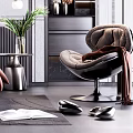 Modern Bedroom Interior with Gray Double Bed Pillows Abstract Artwork Bookshelf and Floor Lamp