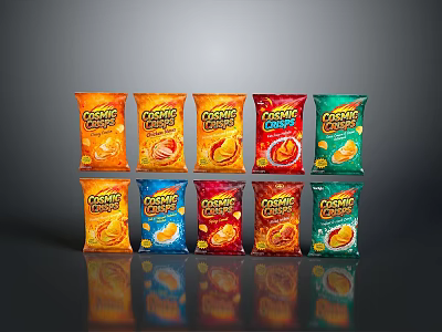 CRUNCHY Potato Chips with Various Flavors in Colorful Packaging Neatly Arranged 3d model