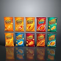 CRUNCHY Potato Chips with Various Flavors in Colorful Packaging Neatly Arranged