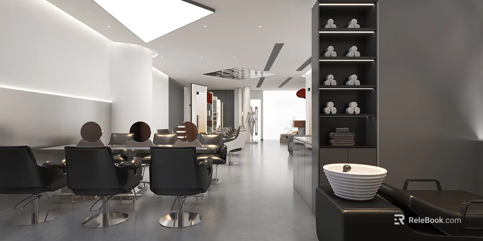 Modern Minimalist Beauty Hair Salon Interior Design With Professional Styling Chairs And Tidy Storage Spaces 3d model 