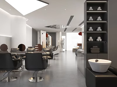 Modern Minimalist Beauty Hair Salon Interior Design With Professional Styling Chairs And Tidy Storage Spaces 3d model
