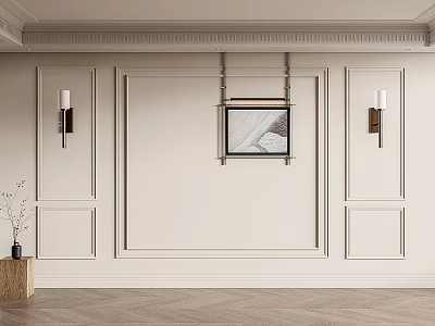 Modern White Paneled Wall Interior With Wall Sconces Framed Artwork And Herringbone Flooring 3d model
