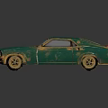 Rusty Green Vintage Car With Open Hood And Exposed Engine 3d model