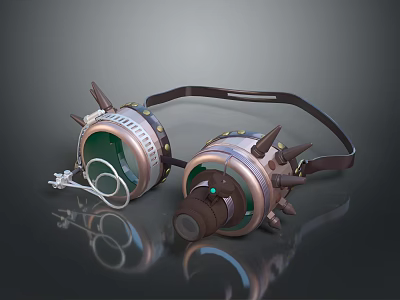 Steampunk Goggles With Metallic Texture Green Lenses Leather Strap And Spiked Decorations 3d model