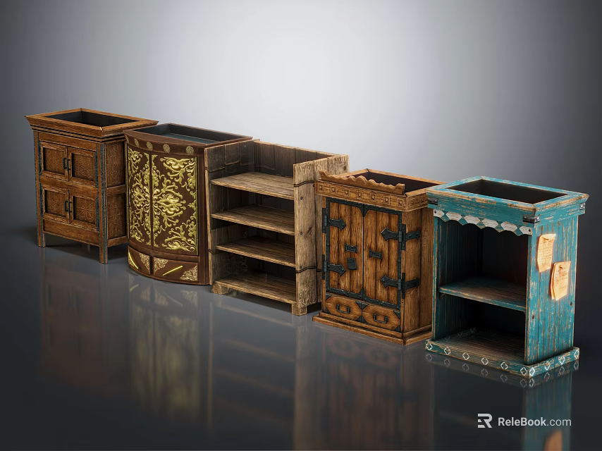 Various Vintage Wooden Storage Cabinets With Decorative Doors Open Shelves And Colorful Accents 3d model 