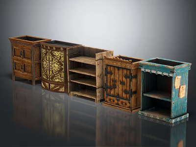 Various Vintage Wooden Storage Cabinets With Decorative Doors Open Shelves And Colorful Accents 3d model