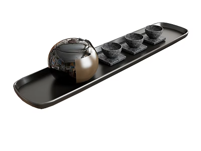 Stylish Tea Set With Black Tray Round Teapot Three Teacups And Coasters 3d model
