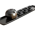 Stylish Tea Set With Black Tray Round Teapot Three Teacups And Coasters