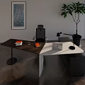 Modern Office Desk With Wooden White Surface Office Chair Desk Lamp Books And Potted Plant