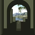 Modern Glass Washbasin In Arched Concrete Space With Mountain And Lake View