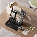 Minimalist Office Desk with Computer Office Supplies and Modern Chair in Bright Workspace White Cabinets