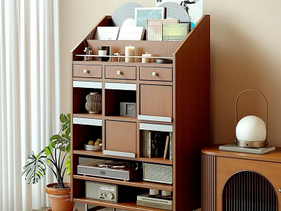 Wooden Decorative Cabinet With Drawers Shelves Displaying Records Photo Frames Candles And Books 3d model