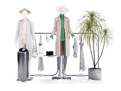 Fashionable Clothes Showcase With Mannequins Long Coats Turtleneck Sweaters And Decorative Plant 3d model