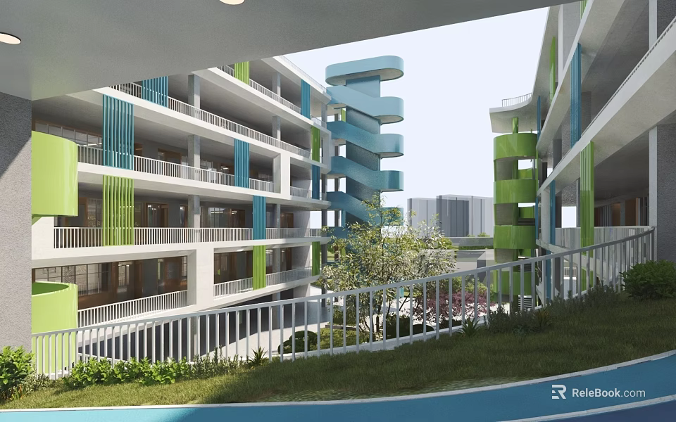 Modern School Building Exterior Featuring Green Blue Spiral Structure Green Lawn Tree And Blue Track 3d model 