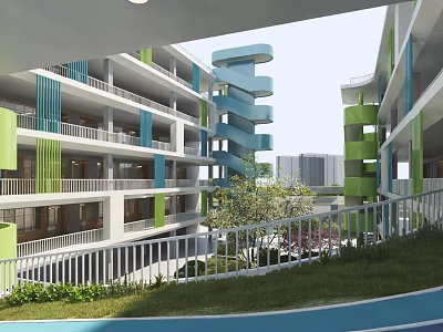 Modern School Building Exterior Featuring Green Blue Spiral Structure Green Lawn Tree And Blue Track 3d model