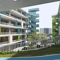 Modern School Building Exterior Featuring Green Blue Spiral Structure Green Lawn Tree And Blue Track