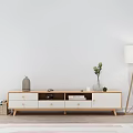 Modern White And Wooden TV Stand With Decorative Plants Books And Floor Lamp