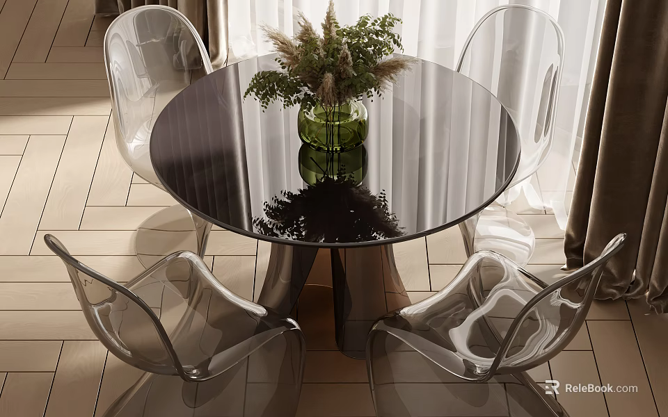 Modern Round Black Glass Table Set with Transparent Chairs and Green Vase Plants 3d model 