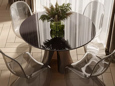 Modern Round Black Glass Table Set with Transparent Chairs and Green Vase Plants 3d model