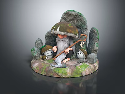 Elderly Figure with Large Mushroom Cap and Small Creatures in Rocky Mossy Setting with Staff 3d model
