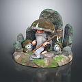 Elderly Figure with Large Mushroom Cap and Small Creatures in Rocky Mossy Setting with Staff