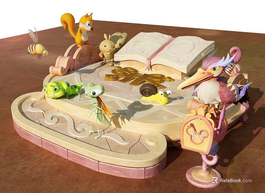 Cartoon Scene Featuring Squirrel Rabbit Frog Snail Pelican Around Open Book And Decorative Platform 3d model 