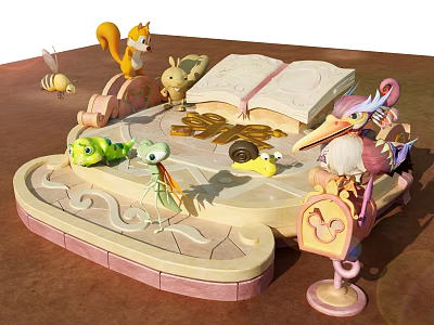 Cartoon Scene Featuring Squirrel Rabbit Frog Snail Pelican Around Open Book And Decorative Platform 3d model