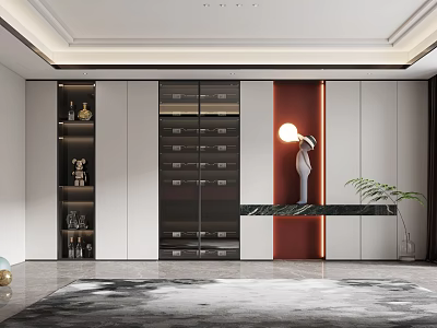 Modern Wine Cabinet Design With Glass Doors White Red Panels And Marble Countertop Storage Shelves 3d model