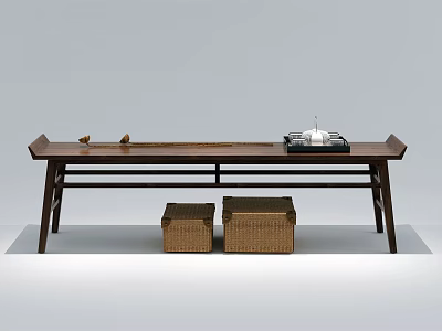 Dark Wooden Console Table with Small Decorations on Top and Woven Baskets Below 3d model