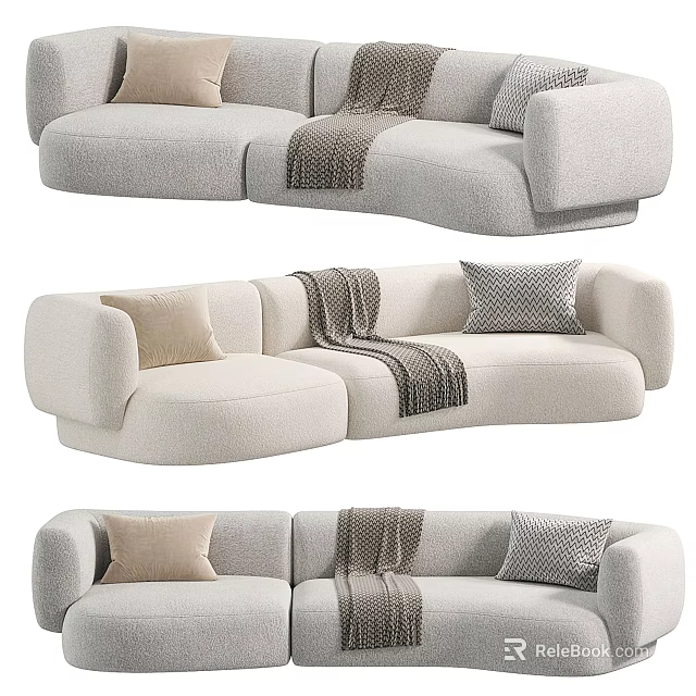 Cozy Neutral Tone Sectional Sofa With Textured Fabric Throw Pillows And Blanket 3d model 