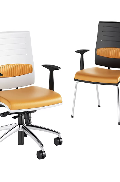 Two Office Chairs White Black Modern Orange Seat Striped Backrest Armrests Silver Legs With Wheels 3d model