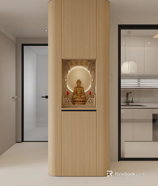 Modern Built in Buddhist Shrine Cabinet Featuring Golden Buddha Statue and Circular Light in Interior 3d model 