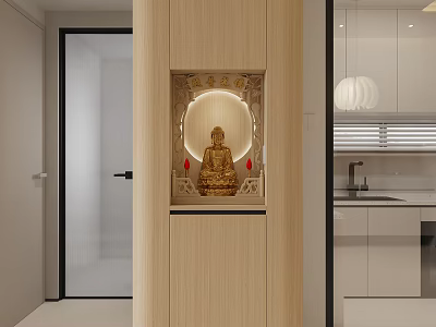 Modern Built in Buddhist Shrine Cabinet Featuring Golden Buddha Statue and Circular Light in Interior 3d model