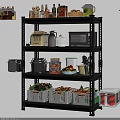 Black Multi Tier Kitchen Storage Shelf with Toaster Microwave Dishes and Vegetable Crates 3d model