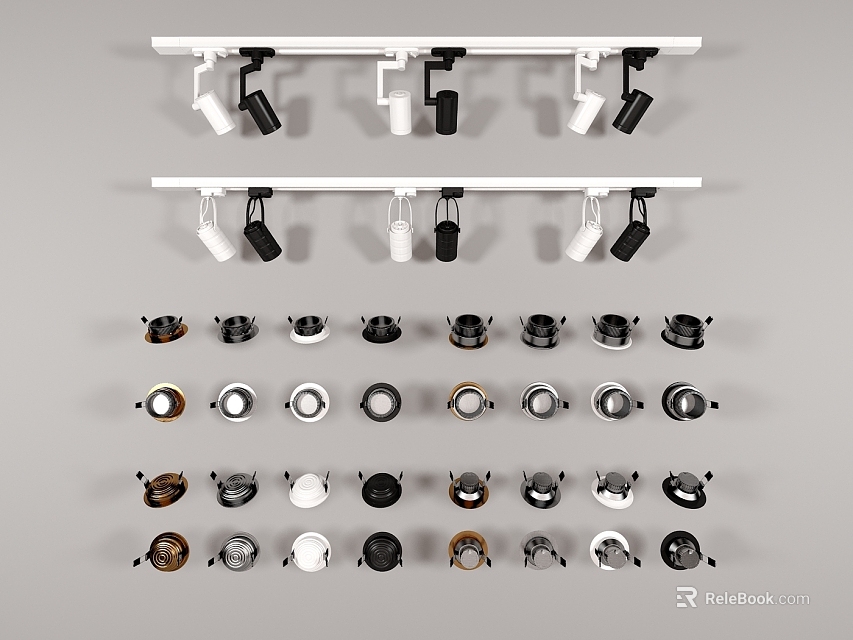 Stylish Downlights and Spotlights with Track Mounted Recessed Designs in Black White Silver 3d model 