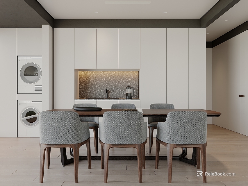 Modern Restaurant Interior With White Cabinets Gray Chairs And Wooden Dining Table 3d model 