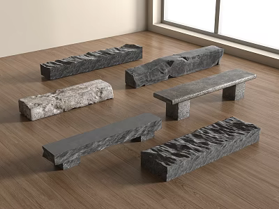 Different Textured Stone Benches Arranged On Wooden Floor With Natural Light 3d model