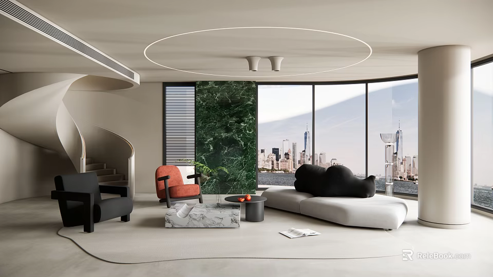 Modern Living Room Interior With Circular Ceiling Light Spiral Staircase City View And Green Plant 3d model 